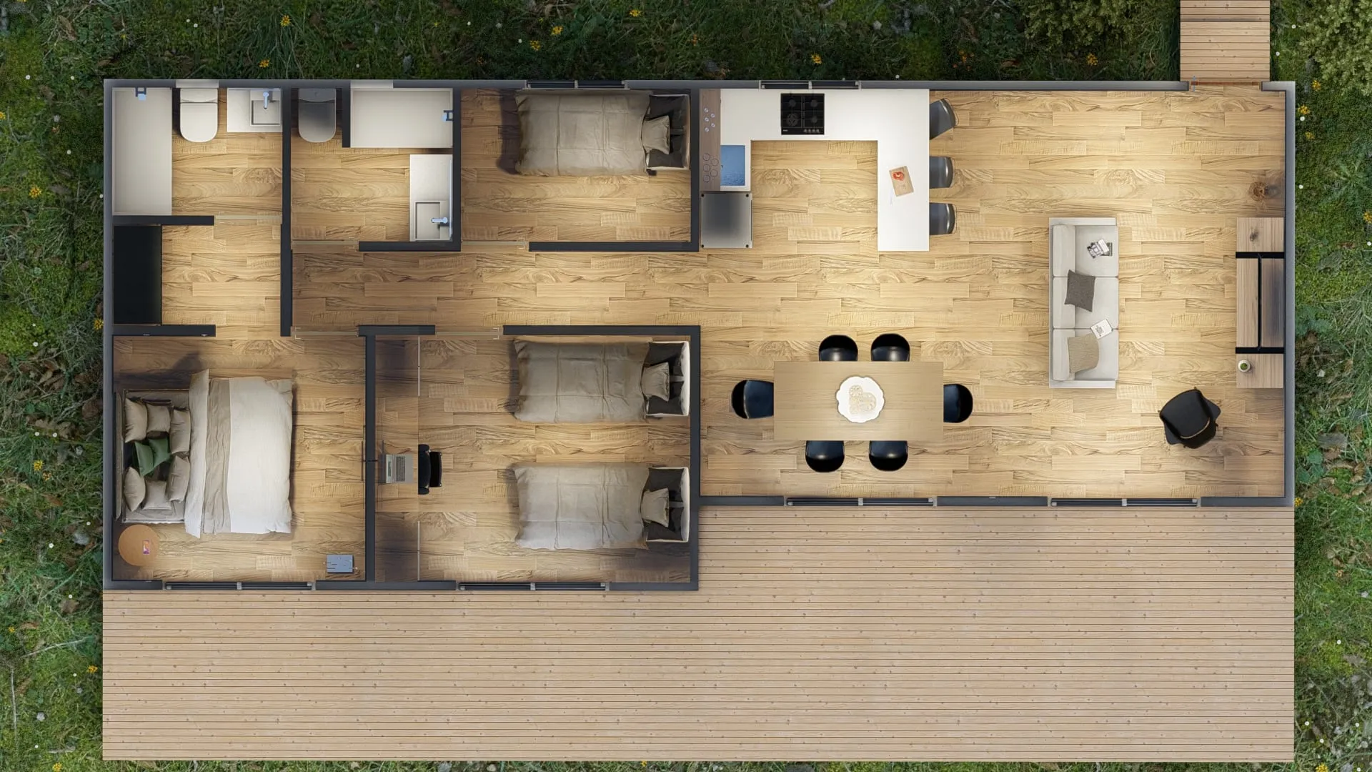 Planta de distribución de la casa prediseñada 77 m²